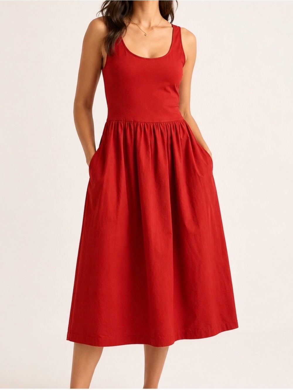 Quince Red Midi Tank Dress Organic Cotton Pockets Sleeveless Size Small NWT
